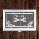 Pink Dragonfly Rustic Business Card Case<br><div class="desc">Keep your business cards on hand to pass out to potential clients or customers with a Pink Dragonfly Rustic Personalized Business Card Case. Case design features a vibrant dragonfly adorned with delicate foliage against a dark gray rustic wooden background. Additional gift items available with this design as well as a...</div>