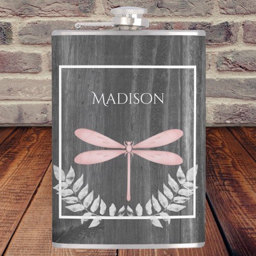 Pink Dragonfly Rustic Flask