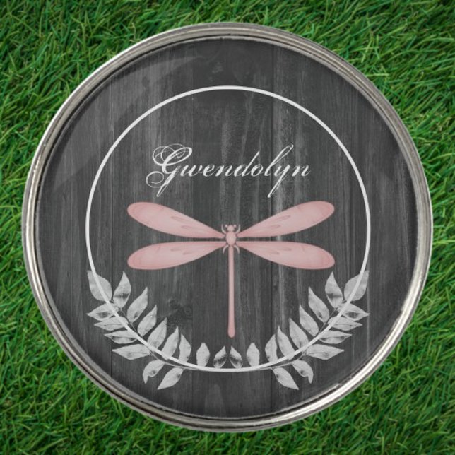 Pink Dragonfly Rustic Golf Ball Marker (Pink Dragonfly Rustic Personalized Golf Ball Marker)