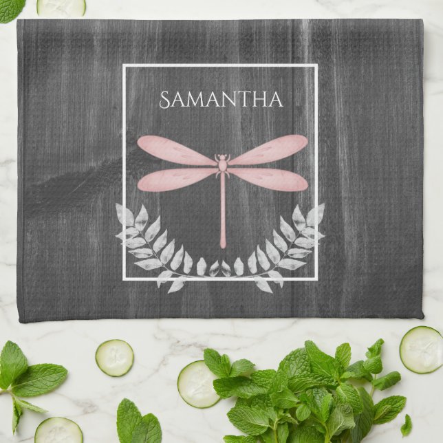 Pink Dragonfly Rustic Kitchen Towel (Folded)