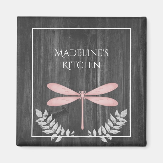 Pink Dragonfly Rustic Magnet (Front)