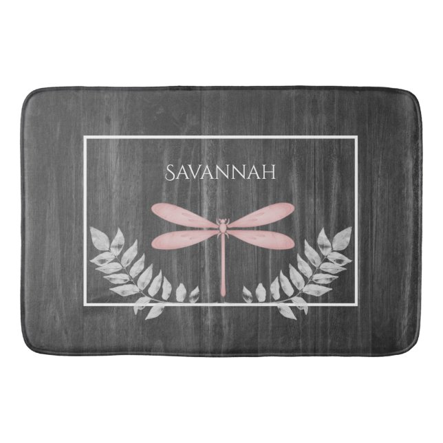 Pink Dragonfly Rustic Personalized Bath Mat (Front)