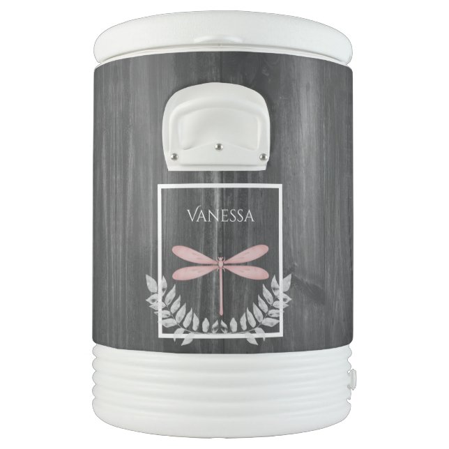 Pink Dragonfly Rustic Personalized Beverage Cooler (Left)