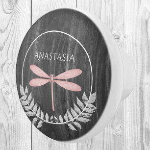 Pink Dragonfly Rustic Personalized Ceramic Knob