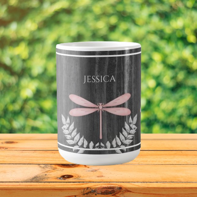 Pink Dragonfly Rustic Personalized Coffee Mug (Pink Dragonfly Rustic Personalized Coffee Mug)