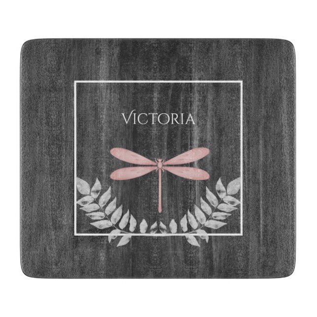 Pink Dragonfly Rustic Personalized  Cutting Board (Front)