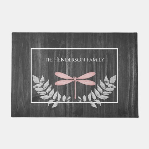 Pink Dragonfly Rustic Personalized Doormat