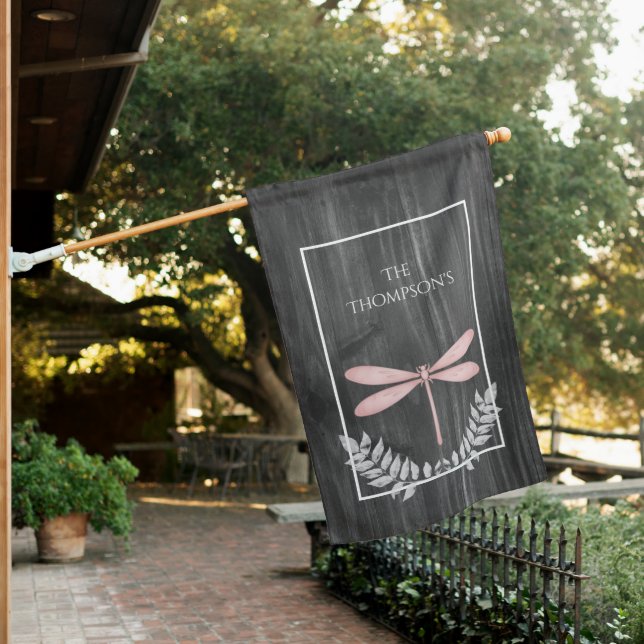 Pink Dragonfly Rustic Personalized House Flag (In SItu)