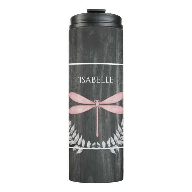 Pink Dragonfly Rustic Personalized Thermal Tumbler (Front)