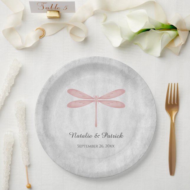 Pink Dragonfly Wedding Paper Plates (Wedding)