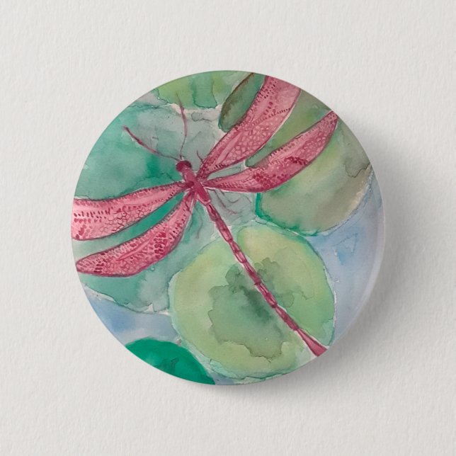 pink dragonfly with lily pads button (Front)