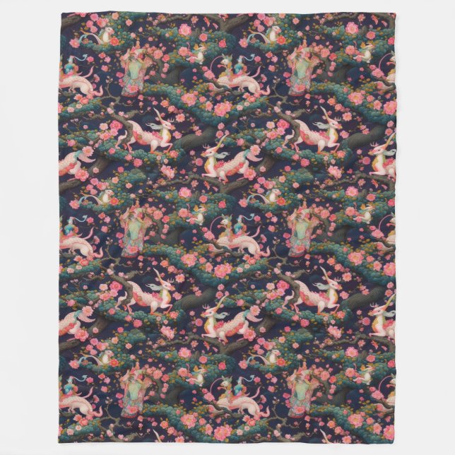 Pink Dragons and Cherry Blossoms Fleece Blanket (Front)