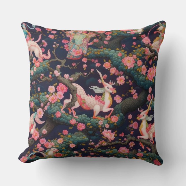 Pink Dragons and Cherry Blossoms Throw Pillow (Front)
