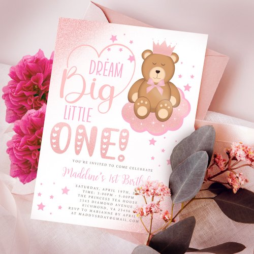 Pink Dream Big Little One Sleepy Bear Birthday Invitation