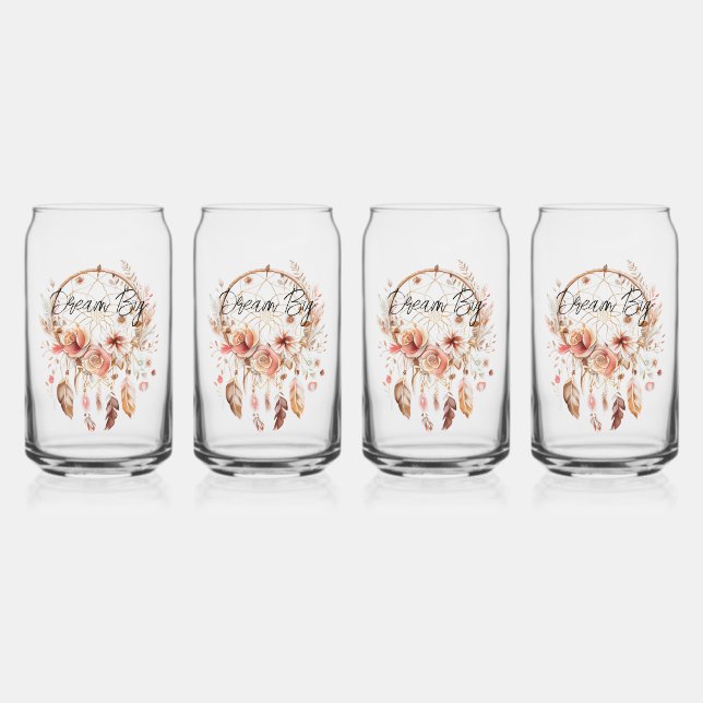 Pink Dream Catcher Boho Floral Can Glass (Front)