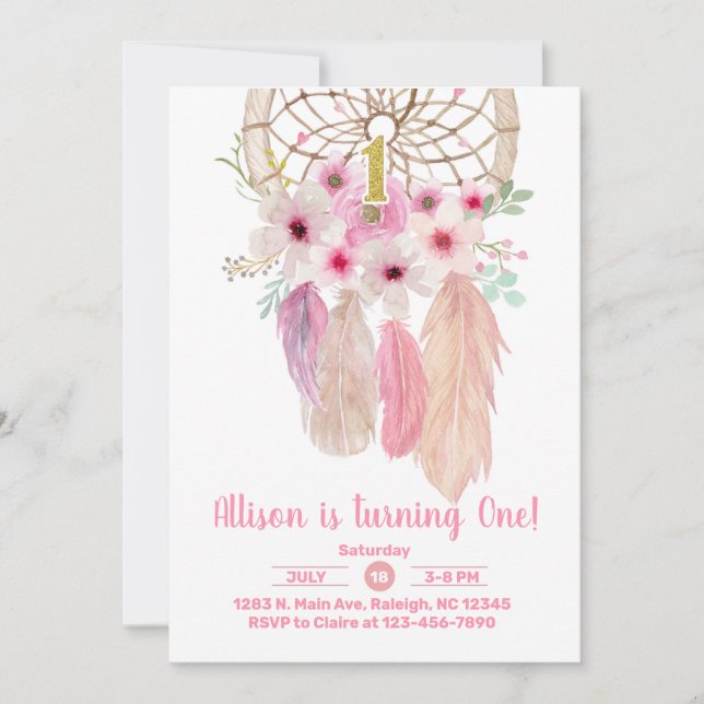 Pink dream catcher girl 1st first birthday invite. invitation (Front)