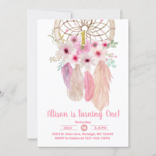Pink dream catcher girl 1st first birthday invite. invitation