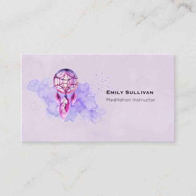 Pink Dreamcatcher On Purple Watercolor Splatter Business Card (Front)