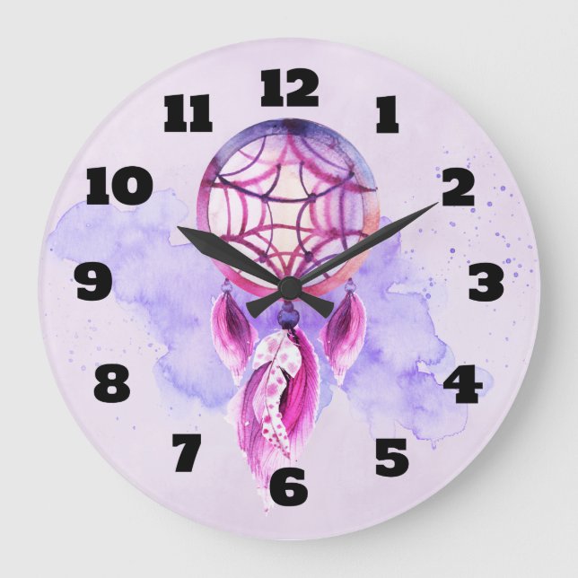 Pink Dreamcatcher On Purple Watercolor Splatter Large Clock (Front)
