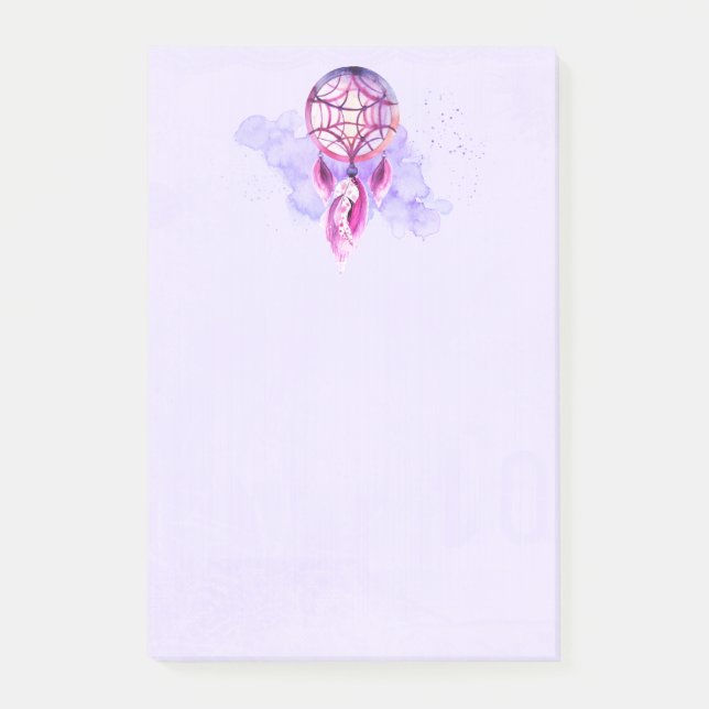 Pink Dreamcatcher On Purple Watercolor Splatter Post-it Notes (Front)