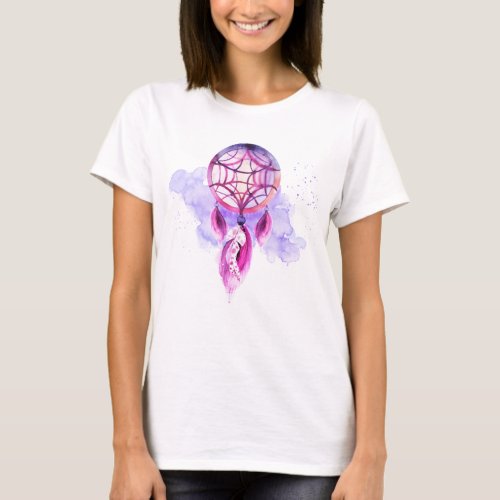 Pink Dreamcatcher On Purple Watercolor Splatter T_Shirt