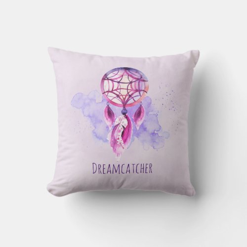 Pink Dreamcatcher On Purple Watercolor Splatter Throw Pillow