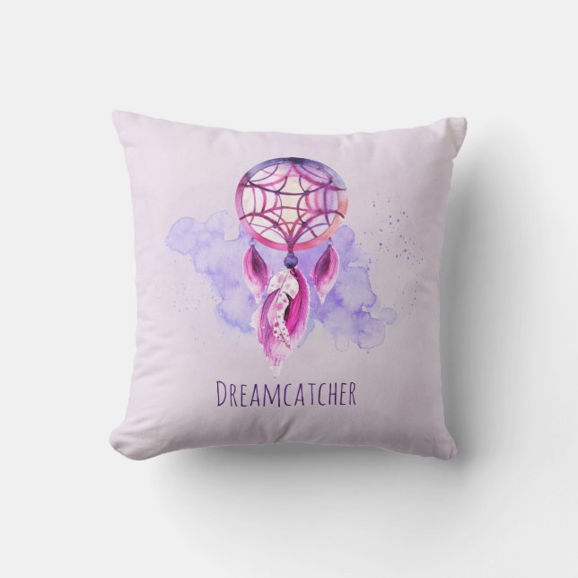 Pink Dreamcatcher On Purple Watercolor Splatter Throw Pillow (Front)