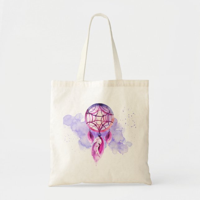 Pink Dreamcatcher On Purple Watercolor Splatter Tote Bag (Front)