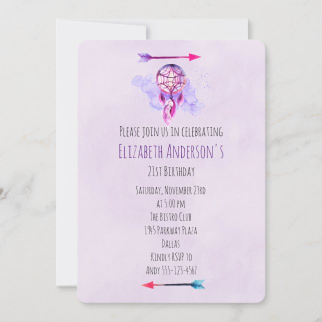 Pink Dreamcatcher Purple Watercolor Birthday Party Invitation (Front)
