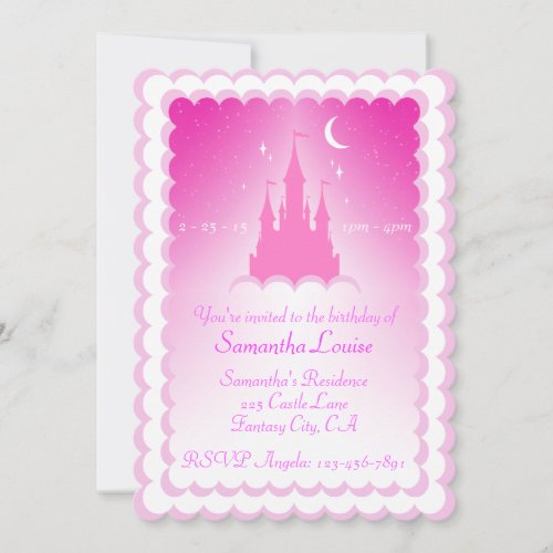 Pink Dreamy Castle In The Clouds Birthday Invitation