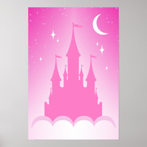 Pink Dreamy Castle In The Clouds Starry Moon Sky Poster