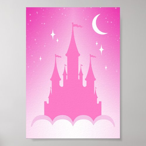 Pink Dreamy Castle In The Clouds Starry Moon Sky Poster