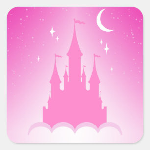 Pink Dreamy Castle In The Clouds Starry Moon Sky Square Sticker