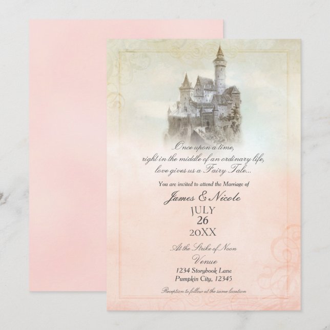 Pink Dreamy Fairy Tale Storybook Castle Wedding Invitation (Front/Back)