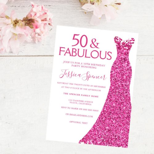 Pink Dress 50th Birthday Party 50  Fabulous Invitation