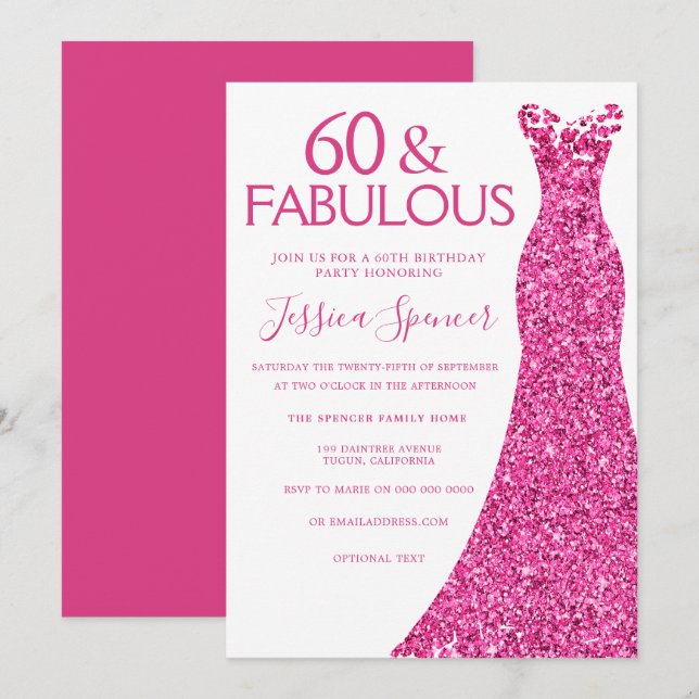 Pink Dress 60th Birthday Party 60 & Fabulous Invitation (Front/Back)