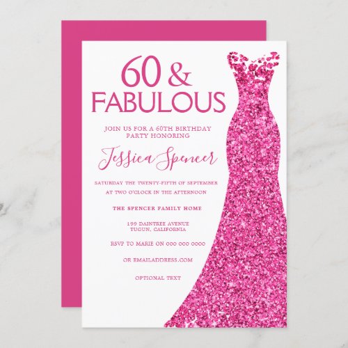 Pink Dress 60th Birthday Party 60  Fabulous Invitation