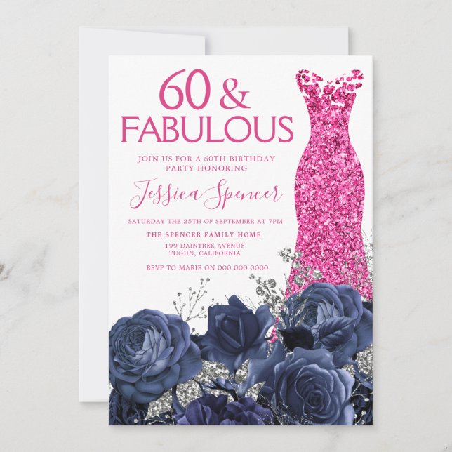 Pink Dress 60th Birthday Party Navy Floral Invitation (Front)