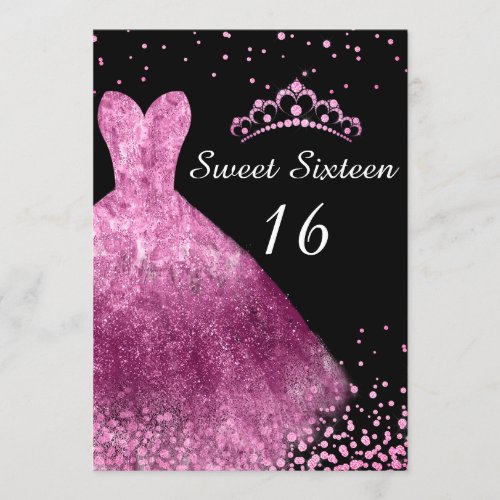 Pink Dress  Black Sweet 16 16th Birthday Party Invitation