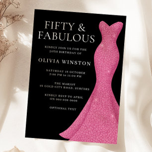 Pink Dress & Black Womans 50th Birthday Party Invitation