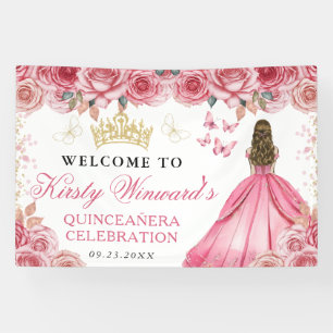 Pink Dress Blonde Princess Floral Quinceanera Banner