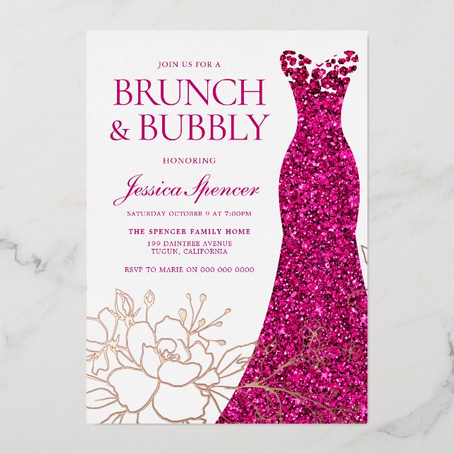 Pink Dress Brunch & Bubbly Bridal Shower Rose Gold Foil Invitation (Front)