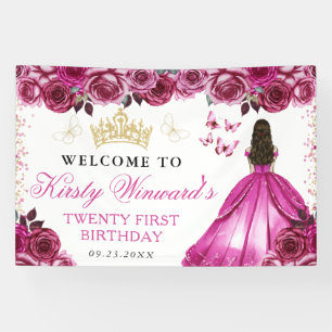 Pink Dress Brunette Princess Floral Birthday Banner