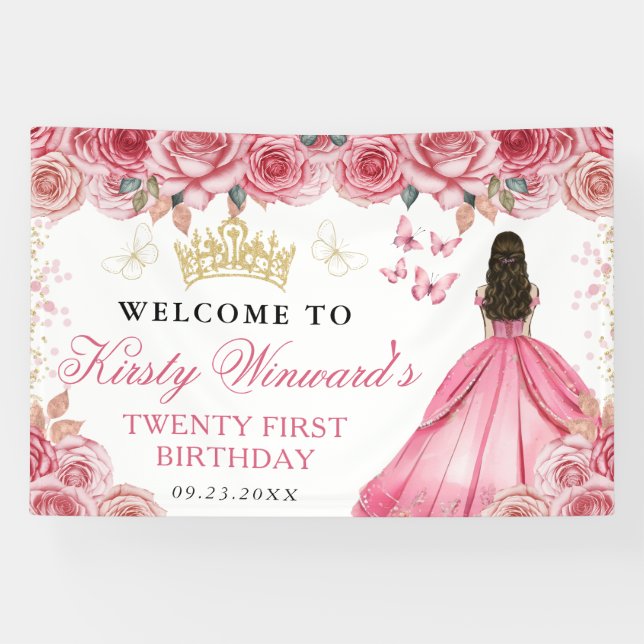 Pink Dress Brunette Princess Floral Birthday Banner (Horizontal)