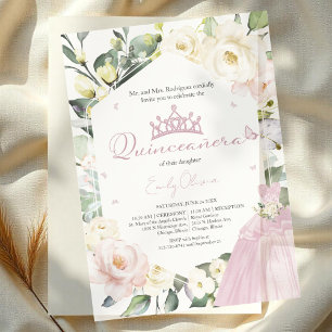 Pink Dress Butterfly Boho Floral Frame Quinceañera Vellum Invitations