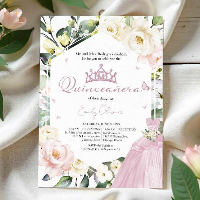 Pink Dress Butterfly Boho Floral Photo Quinceañera Invitation (Creator Uploaded)