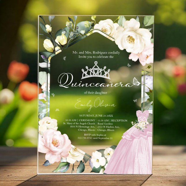 Pink Dress Butterfly Floral Frame Quinceañera Acrylic Invitations (Creator Uploaded)