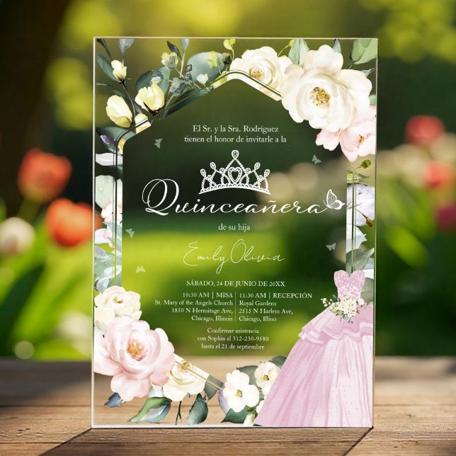 Pink Dress Butterfly Floral Quinceañera spanish Acrylic Invitations (Creator Uploaded)