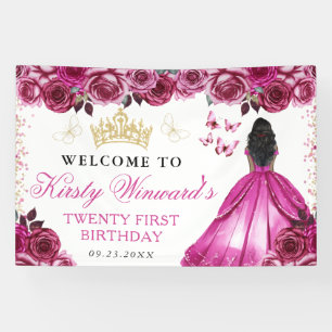 Pink Dress Dark Skin Princess Floral Birthday Banner