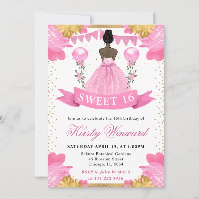 Pink Dress Dark Skin Princess Sweet 16 Invitation (Front)
